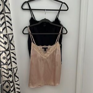 Forever 21 Satin Eyelash Lace-Trim Camisoles Black Champagne Pink M